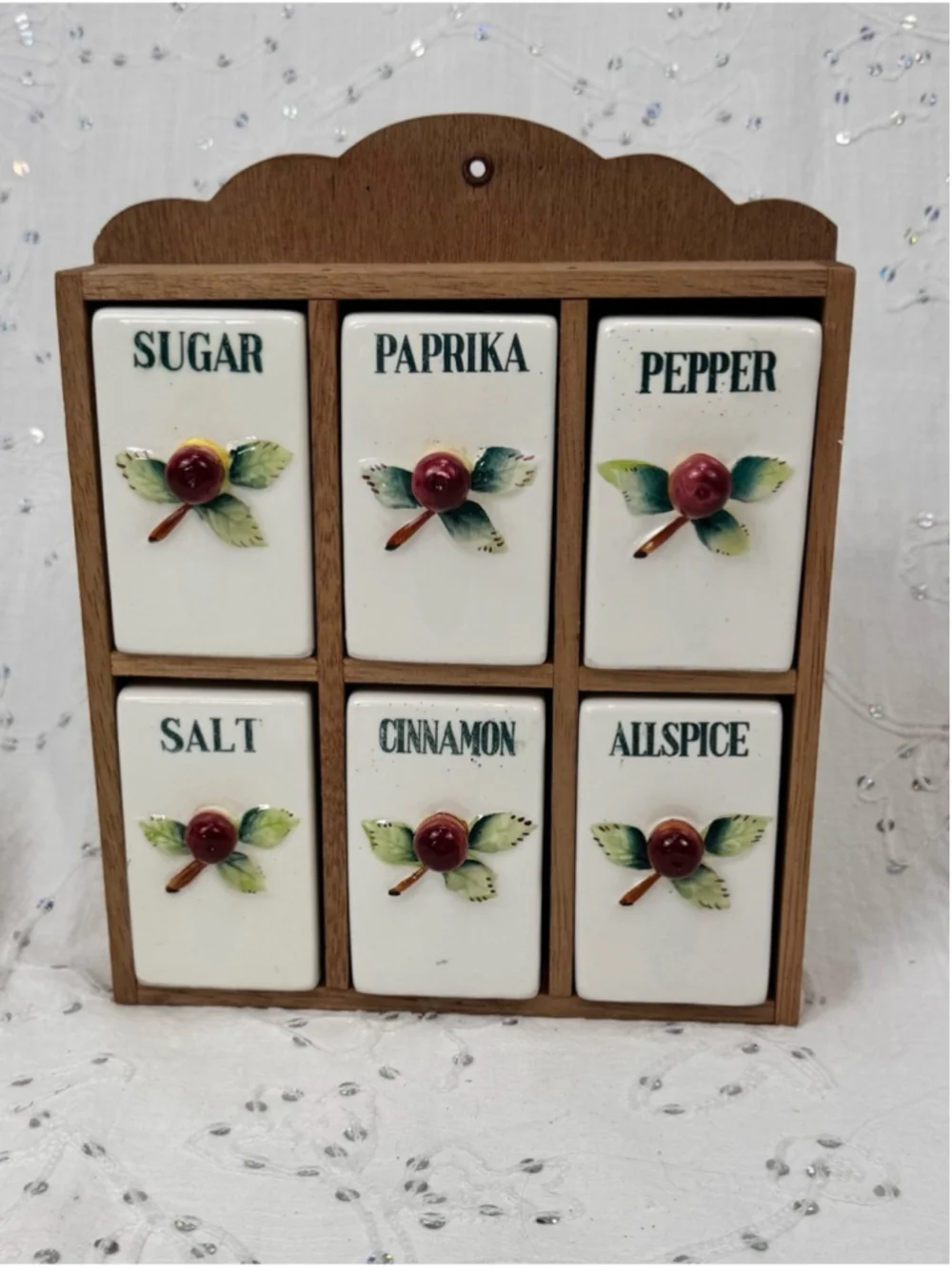 Vintage Ceramic Wall Spice Rack Set - Hand Painted Cherry Spice Shakers